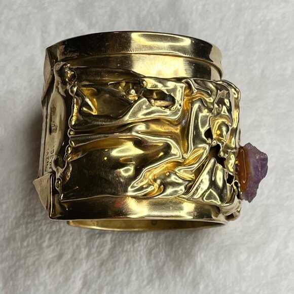 1960s Artisanal Brutalist Brass 3d Layered Cuff Bracelet Raw Amethyst  Dutras - Picture 2 of 7